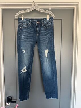 Source Unknown Dark Blue Distressed Boyfriend Jeans